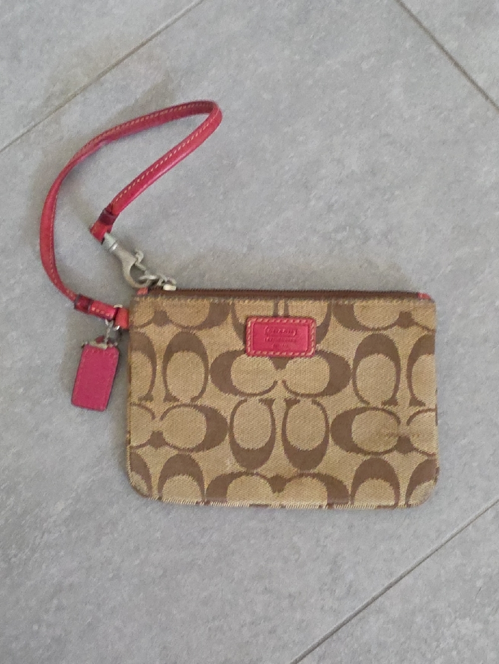 Coach Brown Signature Canvas Wristlet with Pink Leather Accents